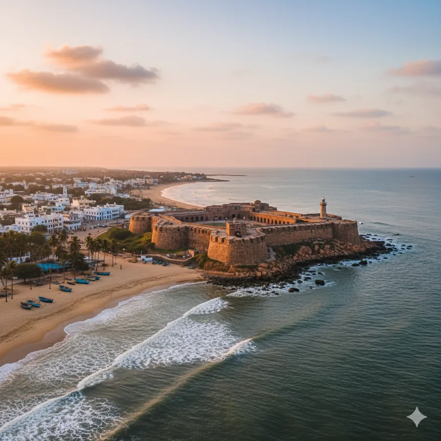 A pristine beach in Diu with Portuguese colonial architecture in the background, clear turquoise water and white sand.