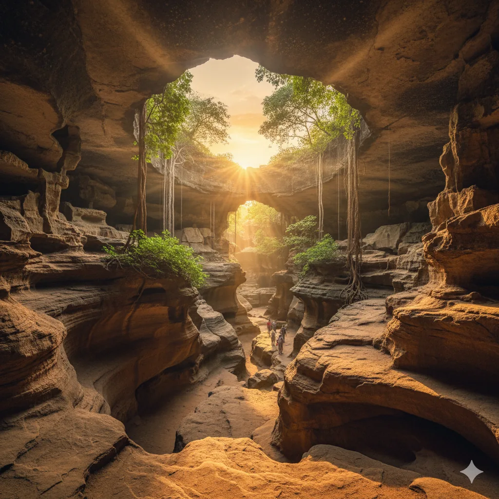 A cinematic, low-angle shot of a grand sandstone palace archway in Gujarat during the golden hour.