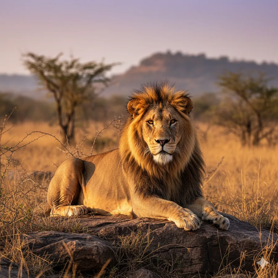 A majestic Asiatic Lion resting under the dappled shade of a dry deciduous forest in Sasan Gir.