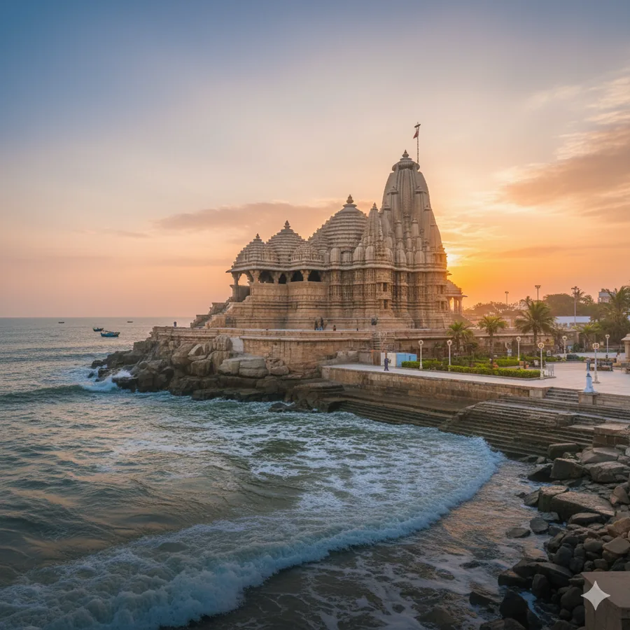 The grand Somnath Temple silhouetted against a deep orange sunset over the Arabian Sea.