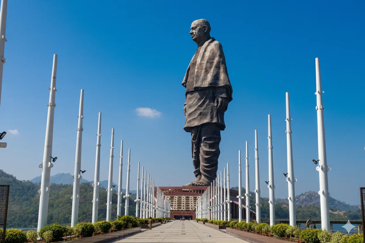 The Statue of Unity towering over the Narmada River landscape, captured from a low angle to emphasize its monumental scale.